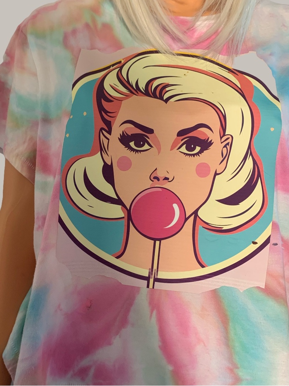 Pop Art Bubble Gum Tie-Dye Tee - Pink & Blue - Women